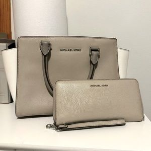 Michael Kors Medium Selma Saffiano Leather Satchel & Wallet - White/Tan/Grey